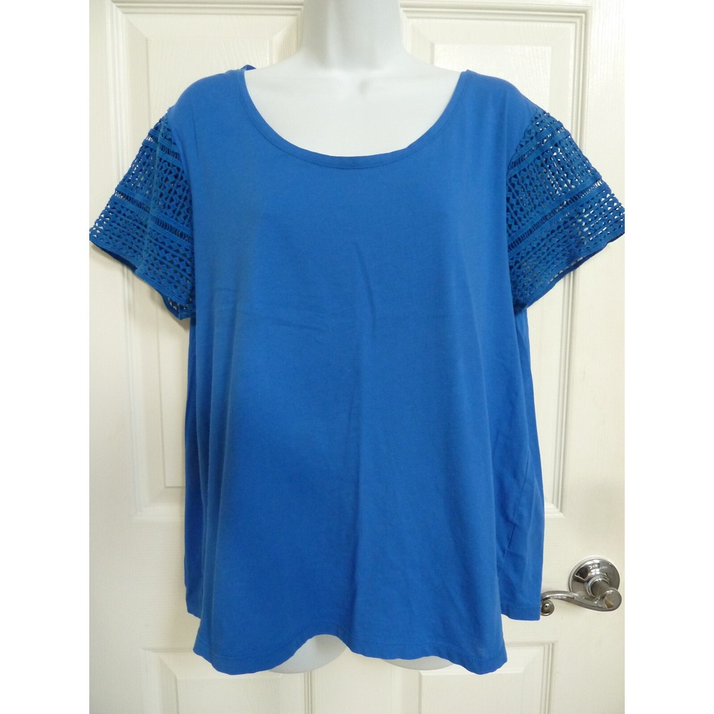 **LANDS' END 14/16 Large  Short Lace Sleeve Back Pleat   Blue Supima Cotton**